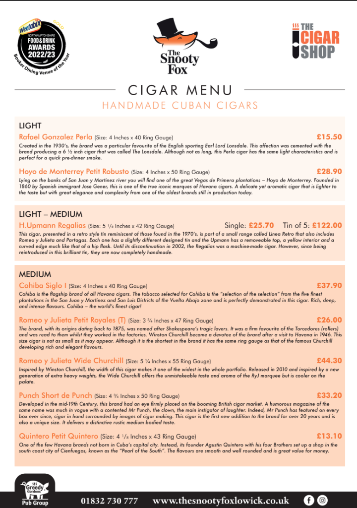 the snooty fox cigar menu