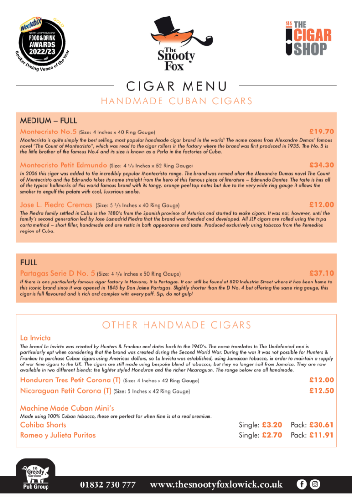 snooty fox cigar menu 2