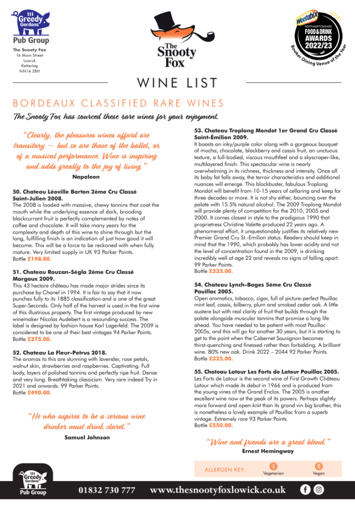 Snooty Fox Wine List Bordeaux Classified Rare Wines