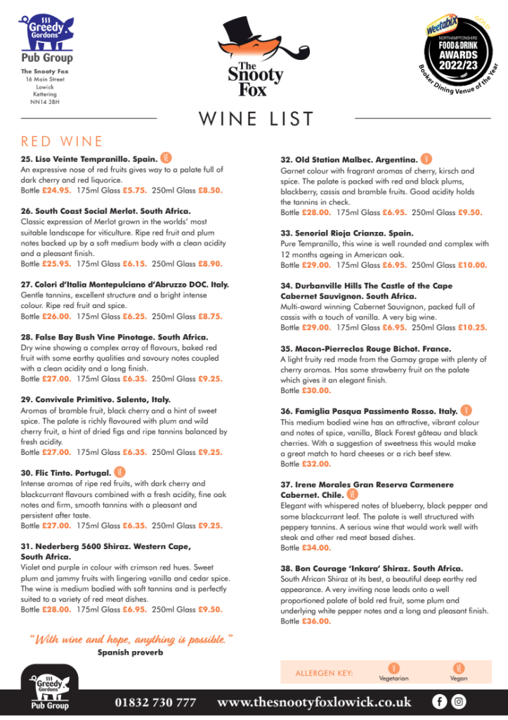 Snooty Fox Wine List Red Wine Page 1