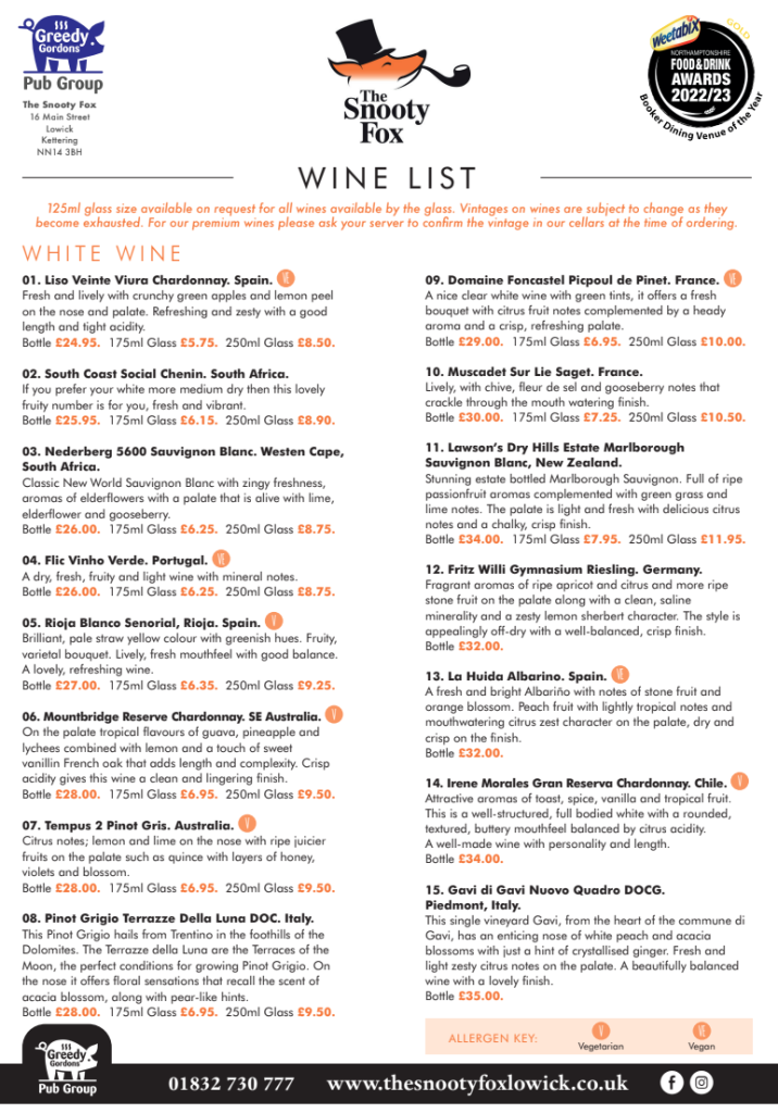 Snooty Fox Wine List White Wine Page 1