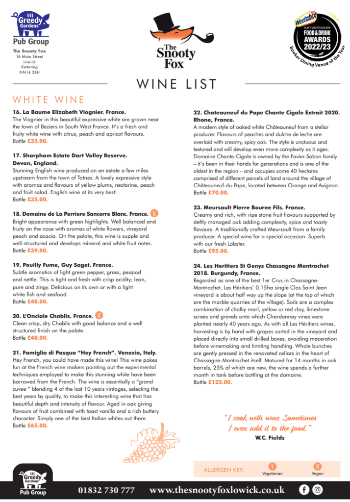 Snooty Fox Wine List White Wine Page 2
